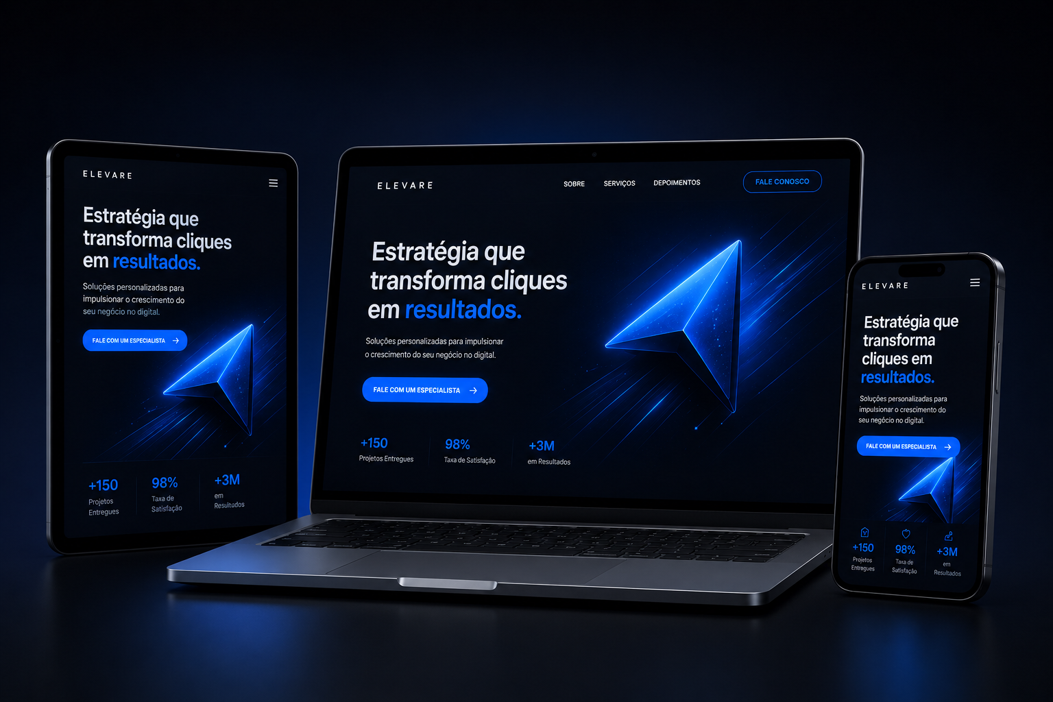 Notebook, tablet e celular exibindo site responsivo profissional para criação de sites e landing pages de alta conversão