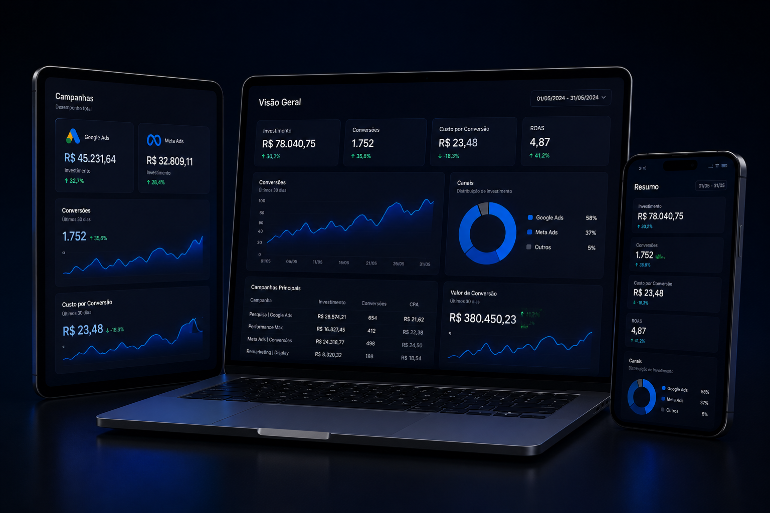 Dashboard de gestão de tráfego pago com métricas de performance, Google Ads, Meta Ads e otimização de campanhas